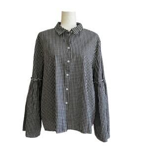 BeachLunchLounge Blouse Top Black White Gingham Button Front Bell Sleeve Top XL